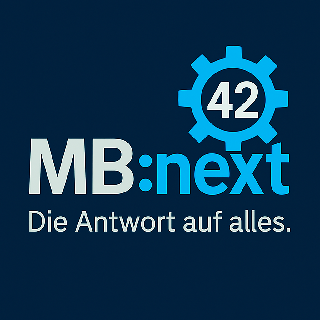 Logo des Projekts MB:next: Links der Schriftzug MB:next in Großbuchstaben, darunter der Slogan 'Die Antwort auf alles'. Rechts ein hellblaues Zahnrad mit der weißen Zahl 42 – eine Anspielung auf Per Anhalter durch die Galaxis. Gestaltung klar, technisch, professionell.